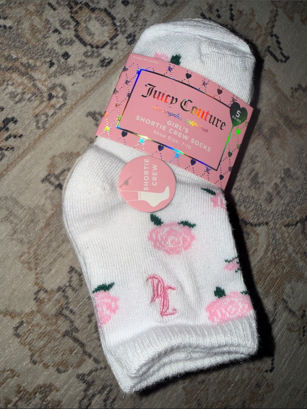Juicy Couture 5 pack Crew Socks with Pink Rose Accents girls size 7-10